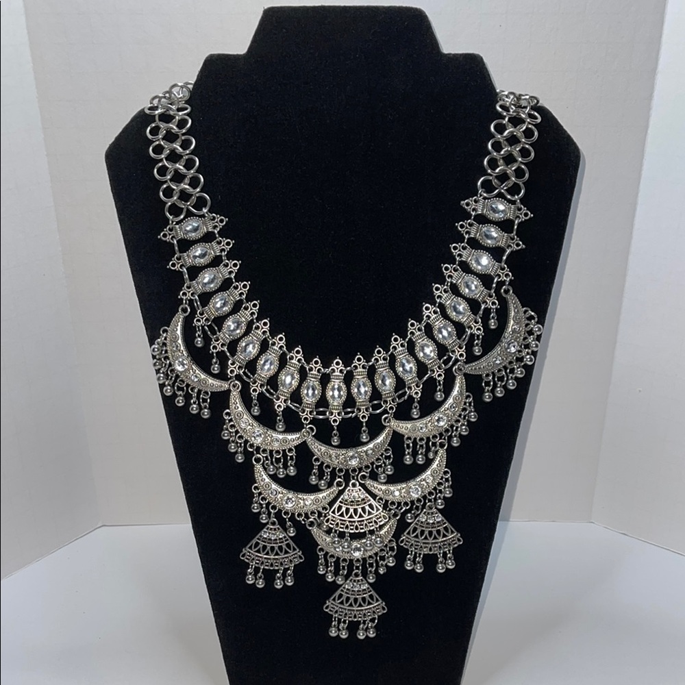 Silver Tone Statement Necklace with rhinestones and dangling beads
